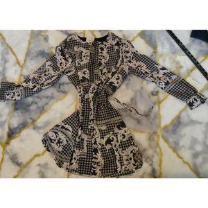 I.Madeline Women's Long Sleeve Tunic Dress Sz M Tie Waist Knee Length Geometric